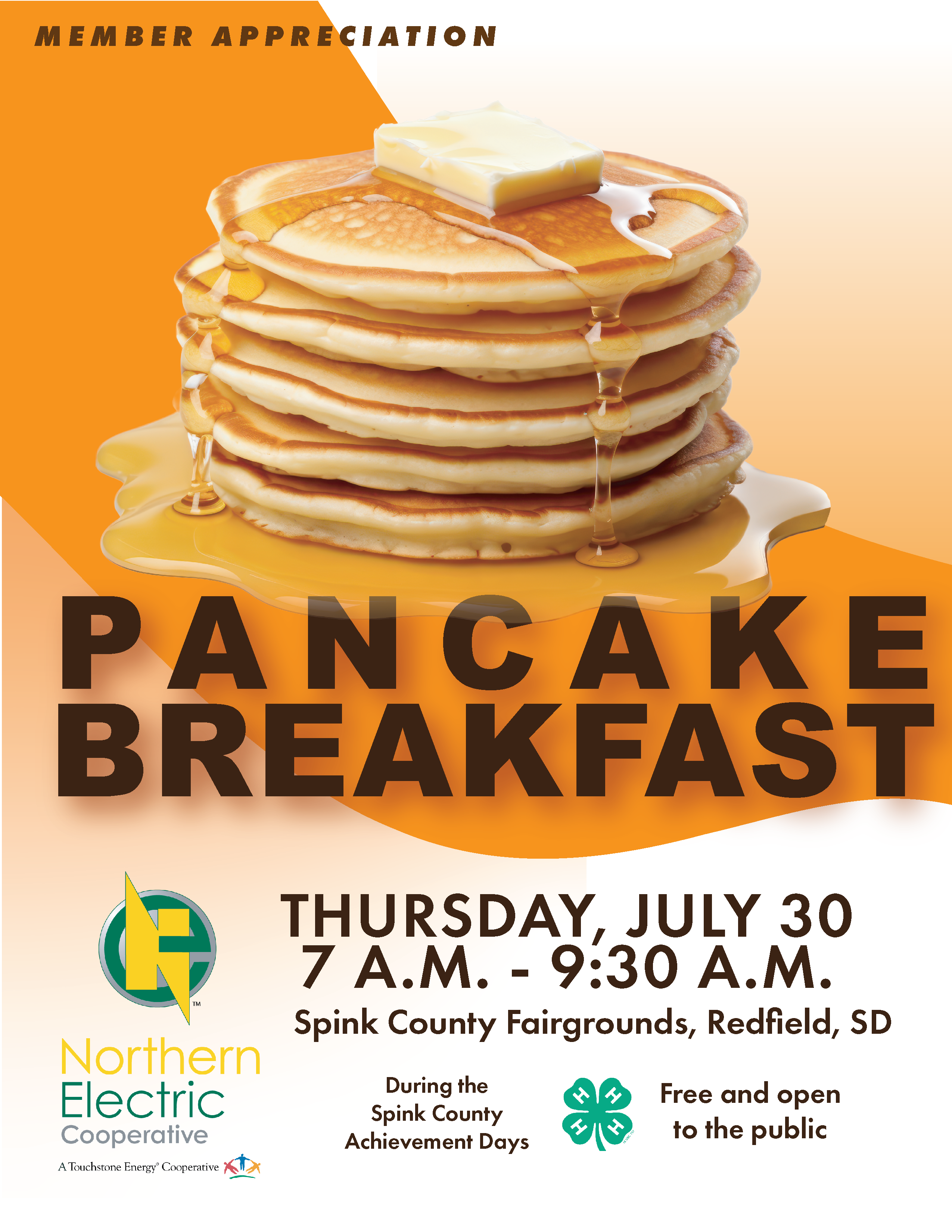 Flyer for Pancake Breakfast. July 30 7-9:30 a.m. Free and open to the public